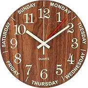 BEW Night Light Wall Clock, Time of Day & Day of The Week Luminous Clock, Numerals Hands Glow in Dark, Silent Battery Operated Decorative Wooden Clock for Living Room, Kids Bedroom, Kitchen - 14 Inch