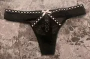NWT VICTORIA'S SECRET XS BLACK MESH LACE LIGHT PINK RIBBON THONG PANTIES