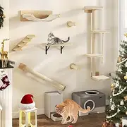 YITAHOME Wall Mounted Cat Climbing Shelves - Wooden Furniture With 3 Scratching Posts, 4 Steps Stairway, Hammock, Bed, and 4 Platforms