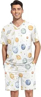 [GAIREG] Mens Pajama Set Short Sleeve V Neck 2 Piece Nightwear with Pockets Summer S-XXL, Watercolor Solar System, Large
