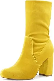 [Allegra K] Women's Round Toe Block Heels Foldable Mid Calf Boots