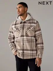 Neutral Check Hooded Borg Lined Shacket (B95172) | $81