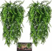 HERCOCCI 2 Pack Reptile Plants, Terrarium Hanging Plants Vines Artificial Leaves Habitat Decorations with Suction Cup for Bearded Dragon Hermit Crab Lizard Snake Geckos Chameleon
