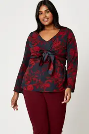 Floral Print Tie-front Top Long Sleeve