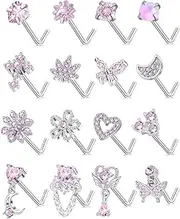 [Akeoqi] 16Pcs Nose Rings L Shaped Nose Studs Stainless Steel Pink CZ Opal Butterfly Flower Leaf Heart Moon Star Dangle Body Piercing Jewelry for Women Men 20G Gold Silver Tone