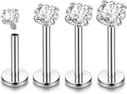 [IKOPFLN] 4 Pairs Tragus Piercing Lip Piercing Labret Stud Surgical Steel Silver 16G Bar with Zirconia Helix Ear Piercing - 2/3/4/5 mm, AB, Medium