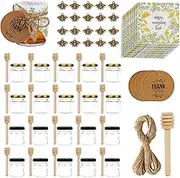 Loyaboho Mini Glass Honey Jars,1.5 oz 20 Pack Honey jar with Wood Dipper, Gold Lids and Black Lids, Bee Pendants, Jutes,Mini jars Perfect for Baby Shower,Wedding Favors, Party Favors