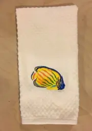 Embroidered Yellow Orange Blue Green Fish Ocean Beach Ivory Kitchen Dish Towel