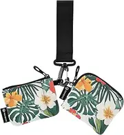 [XYMZR] Mini Zip Around Wristlet keychain Wallet Red White Flowers Leaves for Women Personalized Pattern Detachable Dual Pouch Wristlet Portable Wallet Phone Coin Purse, Multi-colored, One Size