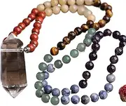 [HXSCOO] Natural White Quartz Double Stick Point Pendant 8mm Round Multi Stone Chakra Healing Beads Cord Knotted Mala Necklace Jewelry