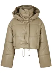 Nanushka Aveline Cropped Quilted Faux Leather Jacket - Taupe - L (UK14 / L) L (UK14 / L)