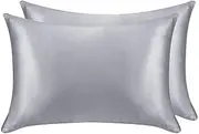 Zippered Satin Pillowcases, Super Soft and Luxury Standard Pillow Cases Set of 2 (Two Pack Standard, Silver)