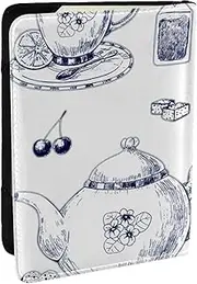 [JEJEA] Hand Drawn Teapots and Cups Print Travel Organizer Credit Cards Case Passport BookPassport Holder Cover Wallet forTraveling,, Black, One Size