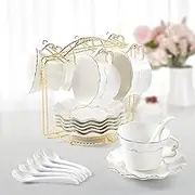 DUJUST Tea Cups and Saucers with Golden Trim,Set of 6 (8.5 OZ), Luxury Relief Printing Coffee Cups with Metal Stand, British Royal Porcelain Tea Party Set - White