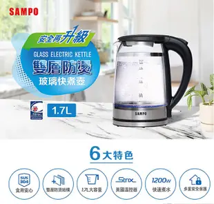 【聲寶SAMPO】1.7L雙層防燙玻璃快煮壺 KP-CH17D (6.1折)