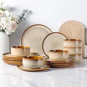 LeRatio Ceramic Dinnerware Sets for 6,Poreclain Plates and Bowls Sets,Handmade Reactive Glaze Dishes Set,Chip Resistant and Scratch Resistant | Oven&Dishwasher & Microwave Safe)-Kahki(18PCS)