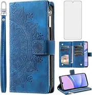[Asuwish] Phone Case for Samsung Galaxy A15 5G Wallet Cover with Tempered Glass Screen Protector and Wrist Strap Mandala Flower Flip Zipper Credit Card Holder Slot Stand Cell A 15 4G 15A Women Men Blue