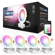 4 Pack 6 Inch Smart LED Recessed Lighting, WiFi Canless Downlight with Juncti...