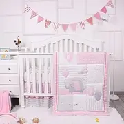 La Premura Baby Elephant Nursery Crib Bedding Set for Girls – Pink Elephant & Love Balloons 3 Piece Standard Size Crib Set, Pink & Gray…