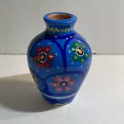 Barro Red Clay Pottery Miniature Bud Vase Blue Flowers Vibrant Colorful 2.5”
