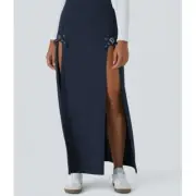 NWT Halara Women's Double Buckle Front Split Maxi Skirt Skort Navy Blue M Boho