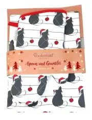 Cooksmart England Christmas Cats APRON & OVEN MITT SET Cotton Baking Holiday NEW