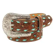 N4439608 Nocona Floral Pierced Turquoise Underlay Girls Belt NEW