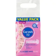 Curash Fragrance Free Baby Wipes - Ideal for Newborns - pH Balanced - For Sensitive Skin - Soap Alcohol Paraben & Irritant Free - Wet Wipes - Baby Essentials - 5 x 20 Value Pack 100 wipes