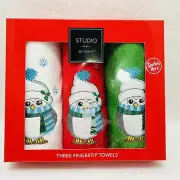 AVANTI 3 Pack Fingertip Towels Embroidered Owls hat scarf Winter Christmas NEW