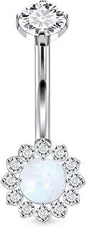 [Rcsinxcto] 14G Astm F136 Titanium Internally Threaded Long Belly Button Ring Piercing Jewelry Cubic Zirconia Opal Navel Ring Stud Belly Barbell Piercing Jewelry for Women Men 10MM 12MM 14MM Belly Bars