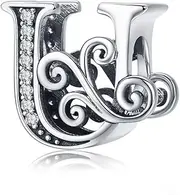 [Lorrifal] Alphabet Initial Charms Letter Complete A-Z Letters Solid Metal 925 Sterling Silver Cubic Zirconia Beads Dangle Pendants for Pandora European Bracelets Necklace Women Girls Jewelry