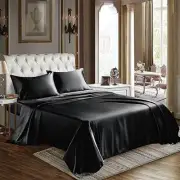CozyLux Satin Sheets Queen Size 4-Pieces Silky Sheets Microfiber Black Bed Sheet