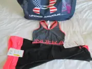 NEW Under Armour 2pc Compression OUTFIT Blk/Pnk Print Sports Bra+Pants XS FREESP