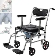 Shower Commode Chair with Wheels - Waterproof Aluminum Portable Foldable Bedside Commode Bath Toilet Shower Wheelchair with Handbrakes