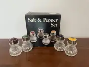 4 Vintage NOS Set Silver Plated Crystal Mini Glass Salt & Pepper Shaker Colors