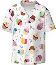 [VPPUR] Delicious Cupcakes Print Fashion Short Sleeve Button Down Cuban Collar Shirt Left Chest Convenient Pocket