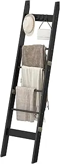 Hzuaneri Blanket Ladder Shelf for Living Room, Decorative Quilt Rack with 4 Removable Hooks, 6-Tier Farmhouse Ladder Holder Organizer for Bedroom, Black BR31504B