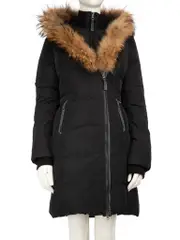 Black Fur Collar Double Zip Puffer Coat
