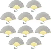 FANSOF.FANS Pack of 10 Fabric Fan with a Tassel Grade A Bamboo Ribs Party Favour Handheld Fan (Silver, Grey)