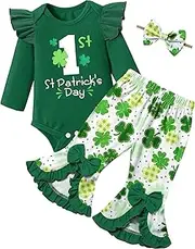 [Oranchids] Baby Girl St Patricks Day Outfit 1st St. Patrick's Day Ruffle Sleeve Romper + Shamrock Bell Bottoms + Bow Headband
