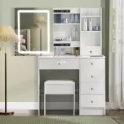 Bedroom Dressing Table Stool Set with Mirror Led Makeup Vanity Desk Drawer White
