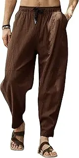 [Gafeng] Mens Linen Harem Pants Casual Loose Fit Beach Drawstring Elastic Waist Yoga Trousers with Pockets