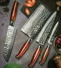 Chef Santoku Cleaver Utility Knife Set 73 Layers Damascus Steel Wood Handle Cut