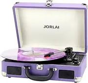 [JORLAI] Record Player 3 Speed Vinyl with Bluetooth Vintage Turntable Built in Battery Portable Suitcase Support Aux in RCA Line Out Headphone Jack Purple
