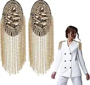 [WEBEEDY] 2pcs Metal Tassel Link Chain Epaulet Rhinestone Tassel Shoulder Epaulet Beaded Crystal Shoulder Boards Badge Brooch Pins Punk Epaulettes for Men Women Uniform Accessories (Gold), Metal