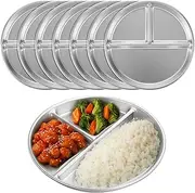 JJUNW 8 Pack Stainless Steel Portion Control Plates, 9-inch Kids Plates with 3-Compartment Metal Dish Plate Divided Food Tray for Adults Kids Camping Lunch and Dinner