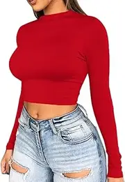 [Artfish] Women Long Sleeve Stretchy Crop Top Sexy Slim Fitted Fleece Lined Cropped Shirts