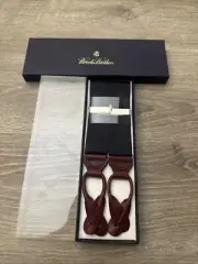 BROOKS BROTHERS Navy Blue Nylon & Mahogany Leather Suspenders/Braces New in Box