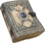 GrassLanders Antique Triple Moon Leather Journal | Lapis Lazuli Stone on Top | A5 Leather Journal | Brass C Lock | Grimoire Witch Craft Journal Handmade