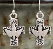 Etched Silver Cross Dangle Earrings. Peace Dove. Faith. Love. Believe.